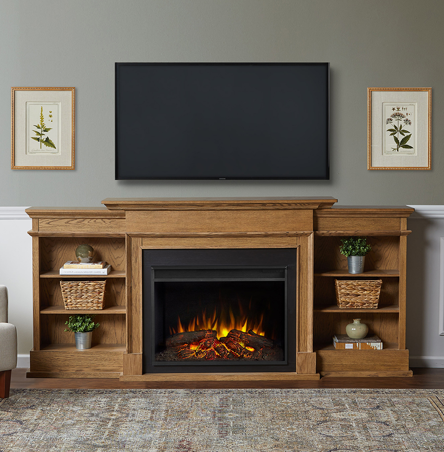 92" Ashton Grand English Oak Electric Fireplace